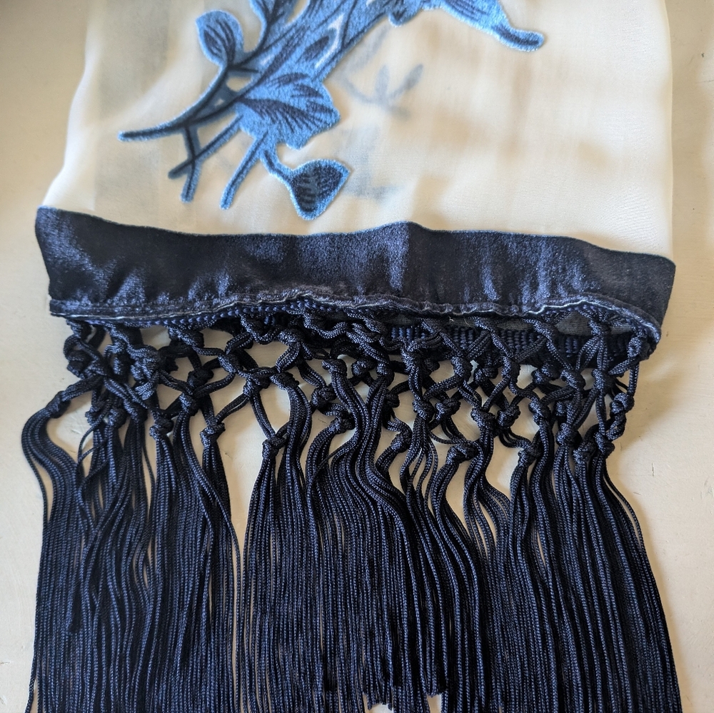 Chico's travelers SheerNavy Floral Burnout Velvet Fringe Kimono SZ L/XL - Picture 4 of 4